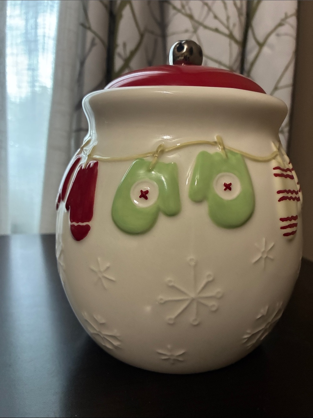Hallmark Ceramic Cookie Jar with Red Lid and Green Mittens and Snowflakes